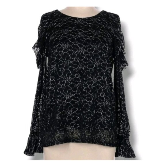 Carolina Belle Tops - CAROLINA BELLE Women’s Black Lace Long Sleeve Blouse Size M Metallic Floral Shee